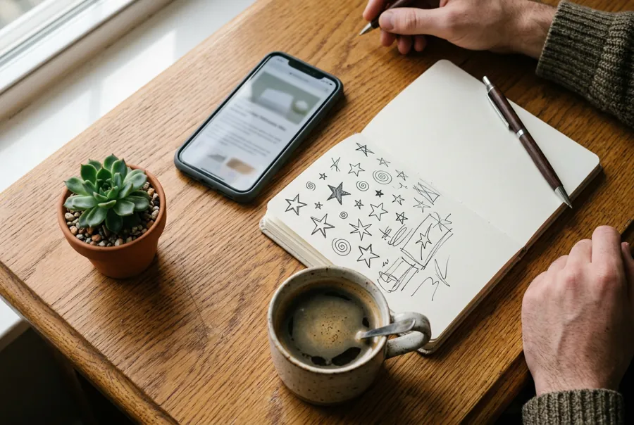 Phone, coffee, succulent and a notebook full of hand-drawn stars on an oak desk