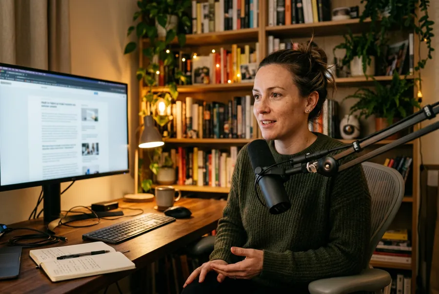Creator at a home desk with a podcast microphone and monitor