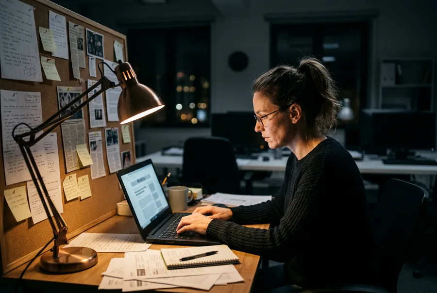 Editor working late under a desk lamp beside a corkboard of notes