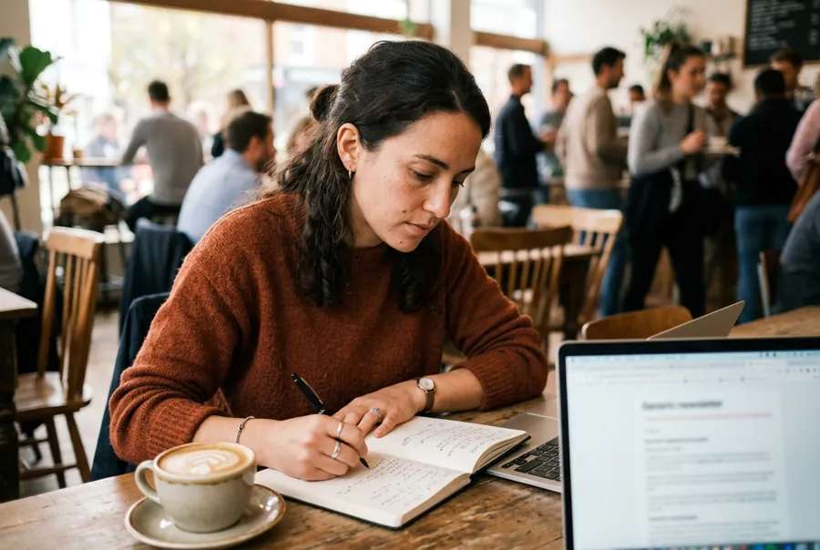 Woman writing in a notebook beside her laptop in a busy cafe
