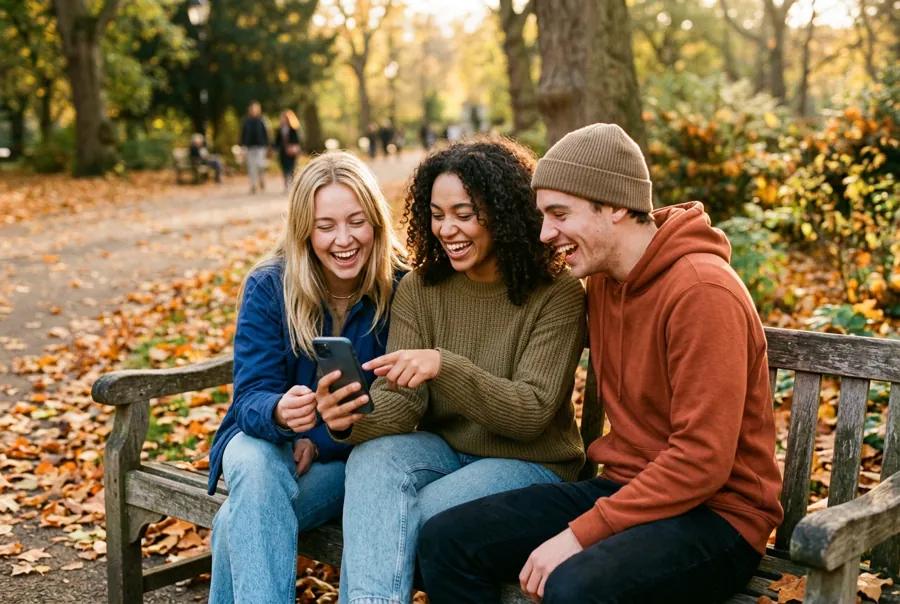 Three friends on a park bench laughing at something on one phone