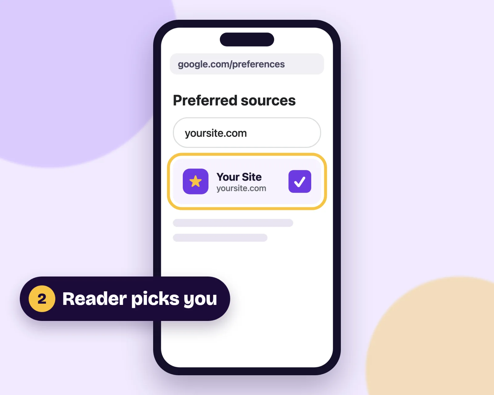 A phone showing Google's preferred sources page with the reader's site ticked