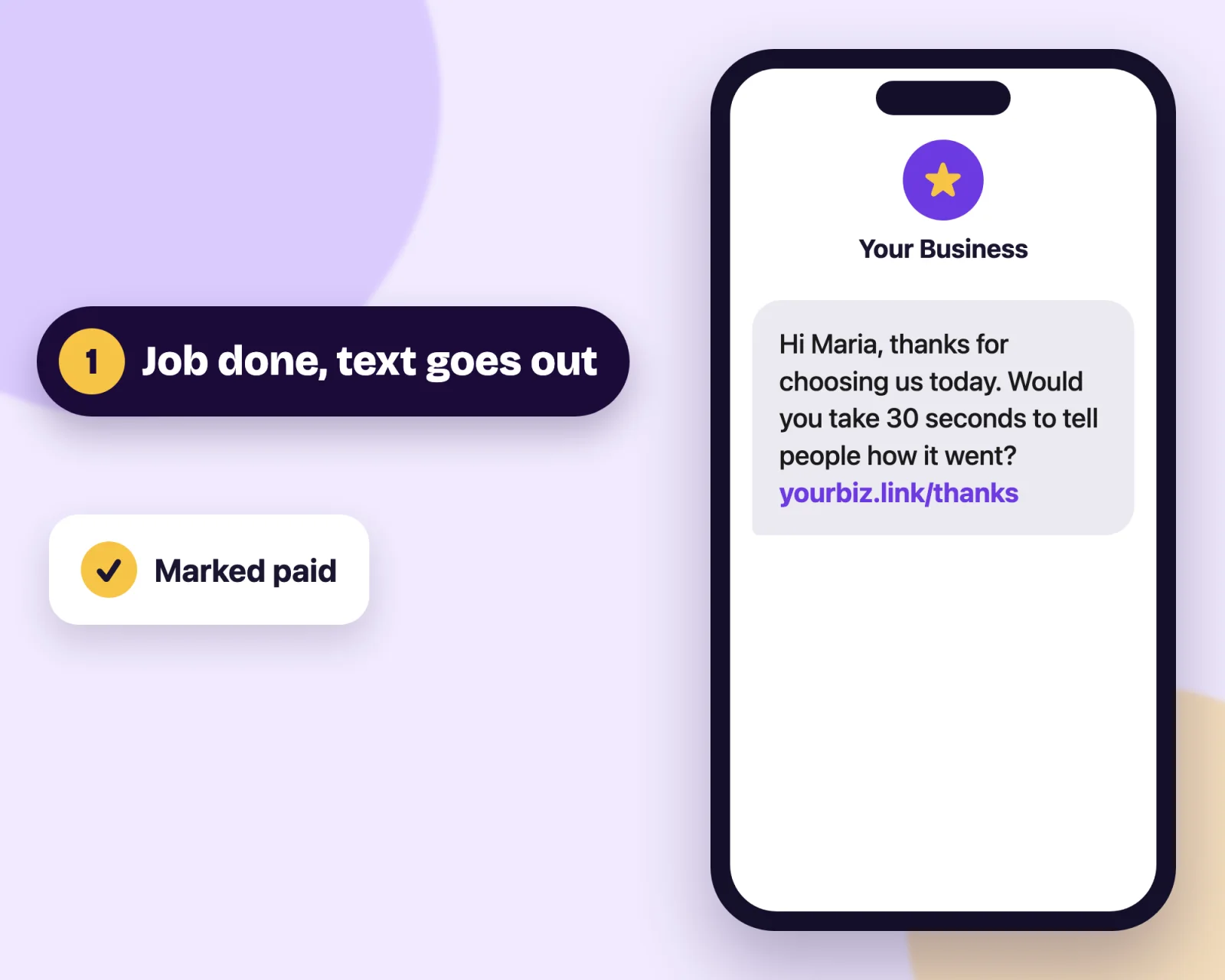A phone showing a thank-you text from the business with a short link, after a job is marked paid